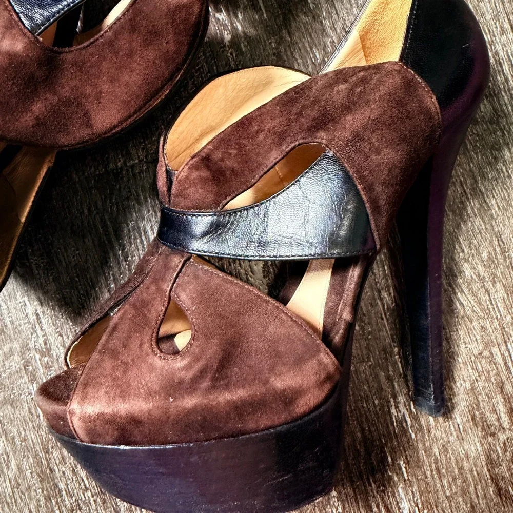 Fendi Platform Heels Womens 36.5 Brown Suede Black Leather Peep Toe Cutout Italy